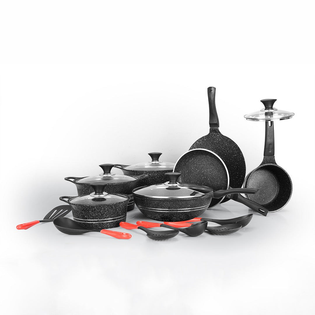 Sonex™ 20 Pieces Marble Coating Dual Layer Coating Non stick Gift Set with Glass Lids Eden Plus