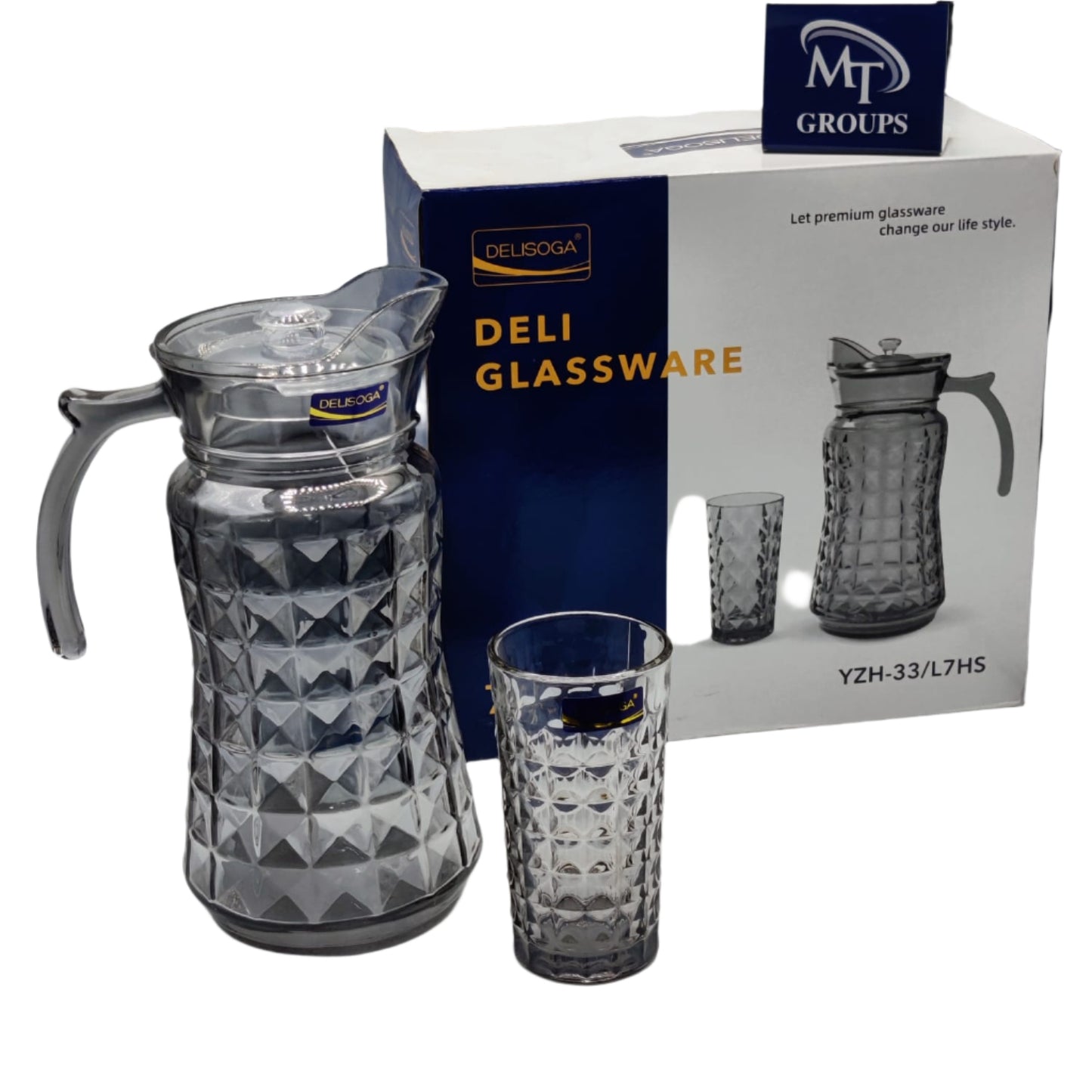 Delisoga® 7-Piece Water Set – Clear Transparent Glass with Smoke Grey Bubble Design, 1 Carafe and 6 Tumblers - Heaven of homes - Sale Pakistan
