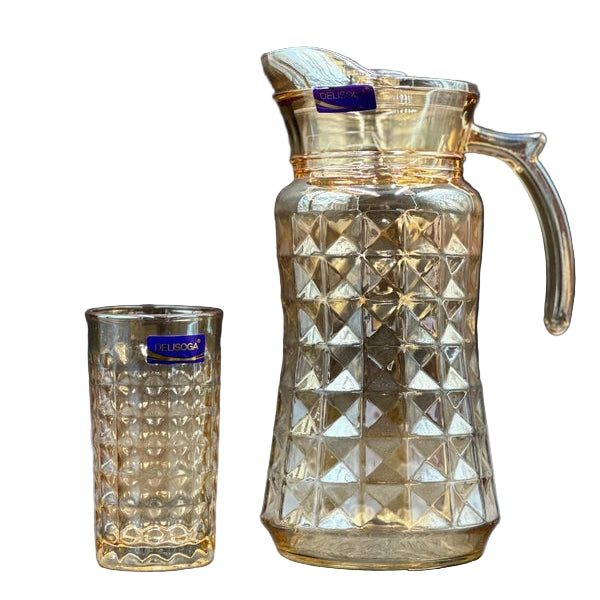Delisoga® 7-Piece Gold Trimmed Premium Glass Drinkware Set – 1 Jug & 6 Glasses for Water, Juice & Beverages