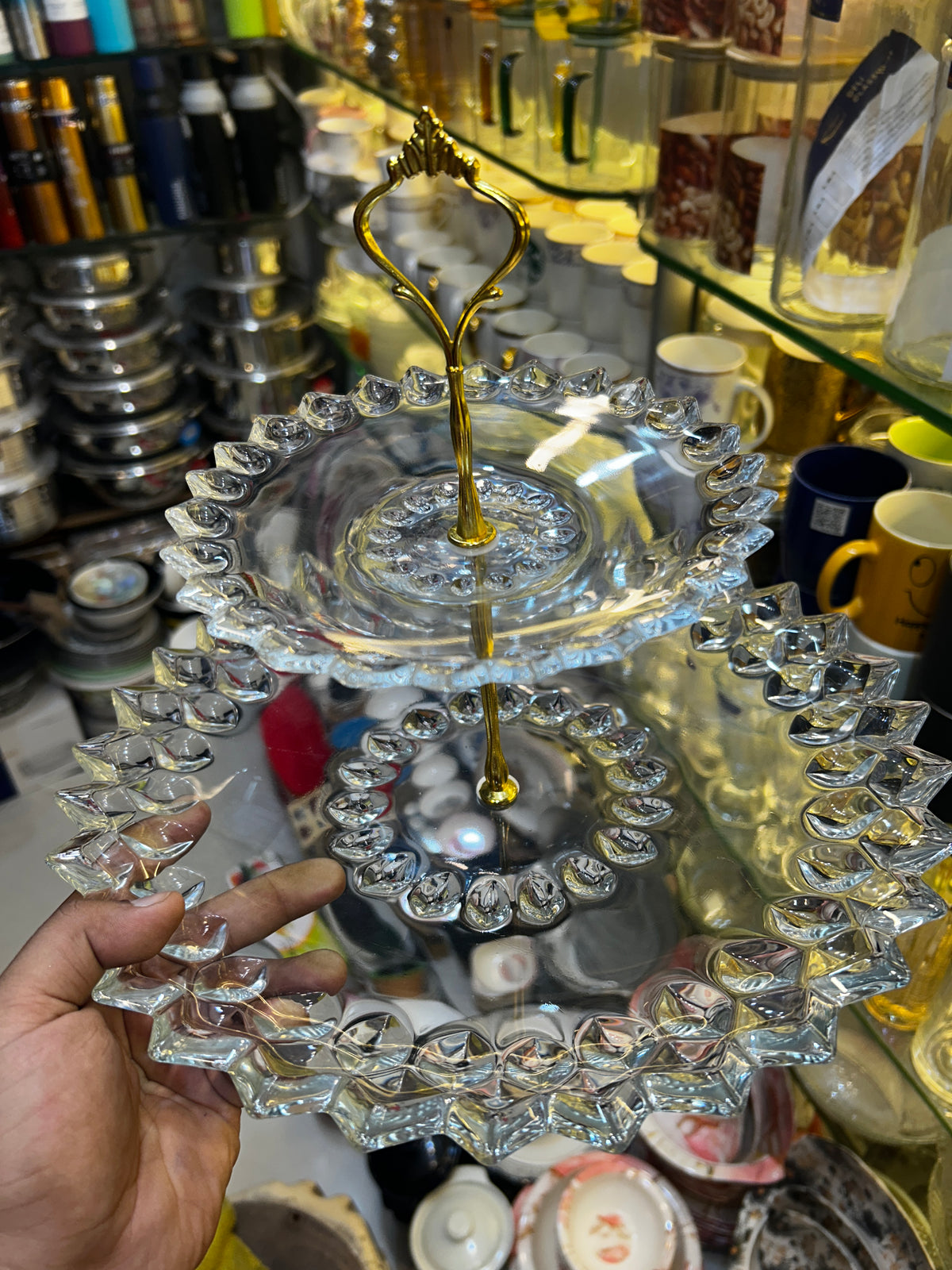 Heaven® Glass Crystal Pastry Stand With Metallic Rod 2 Tier Cake Stand Gift Item Glass Material Classy