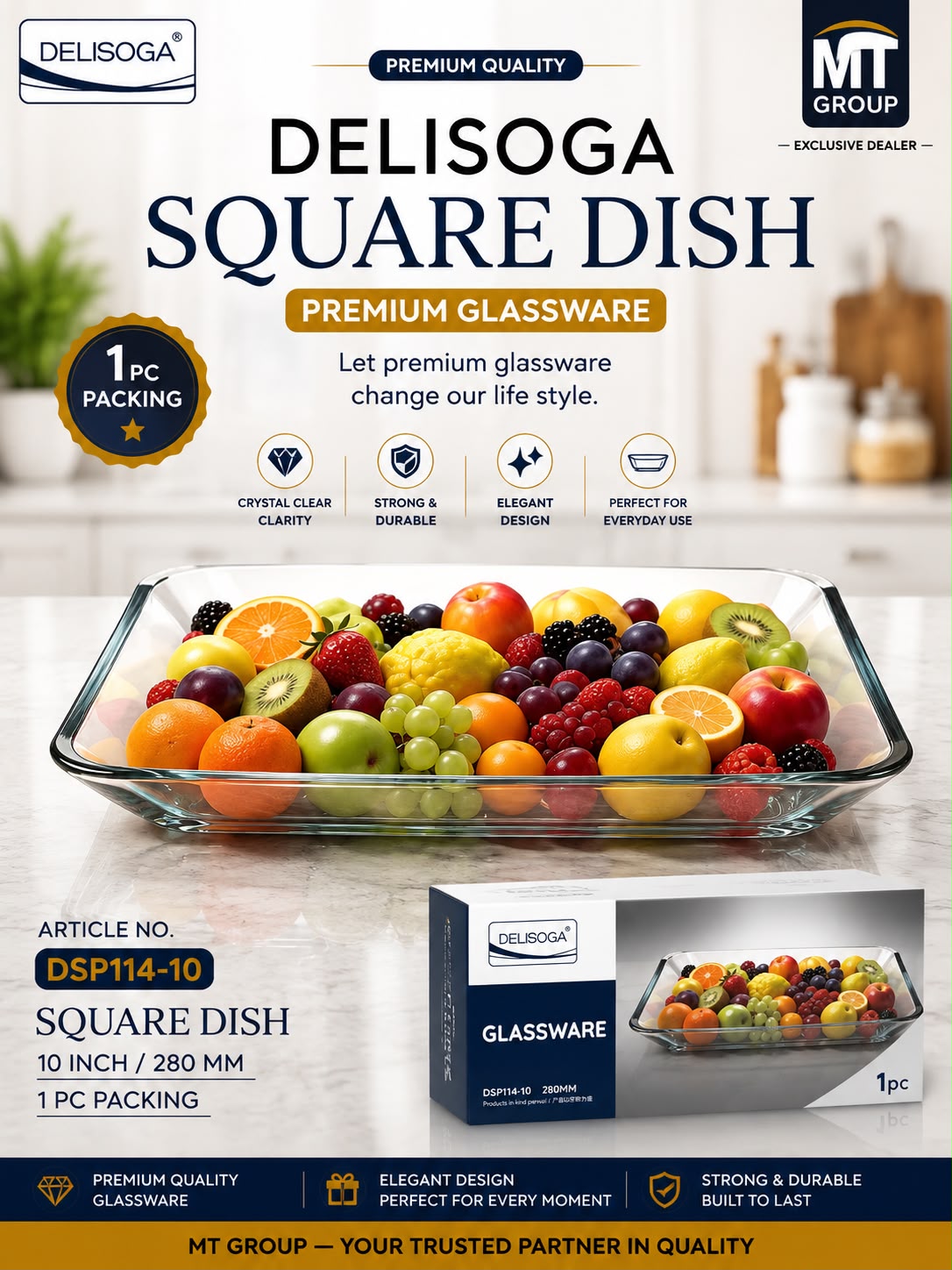 Delisoga® 1 Piece 10 Inch (280mm) Clear Glass Rectangular Serving Dish