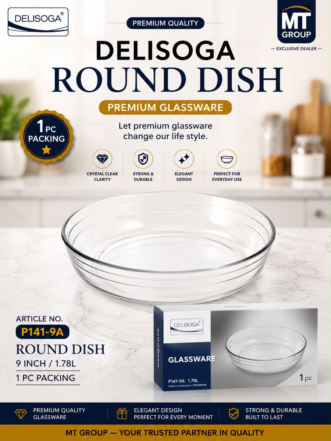 Delisoga® 1 Piece 9 Inch (1.78L) Clear Glass Oval Serving Dish – P141-9A