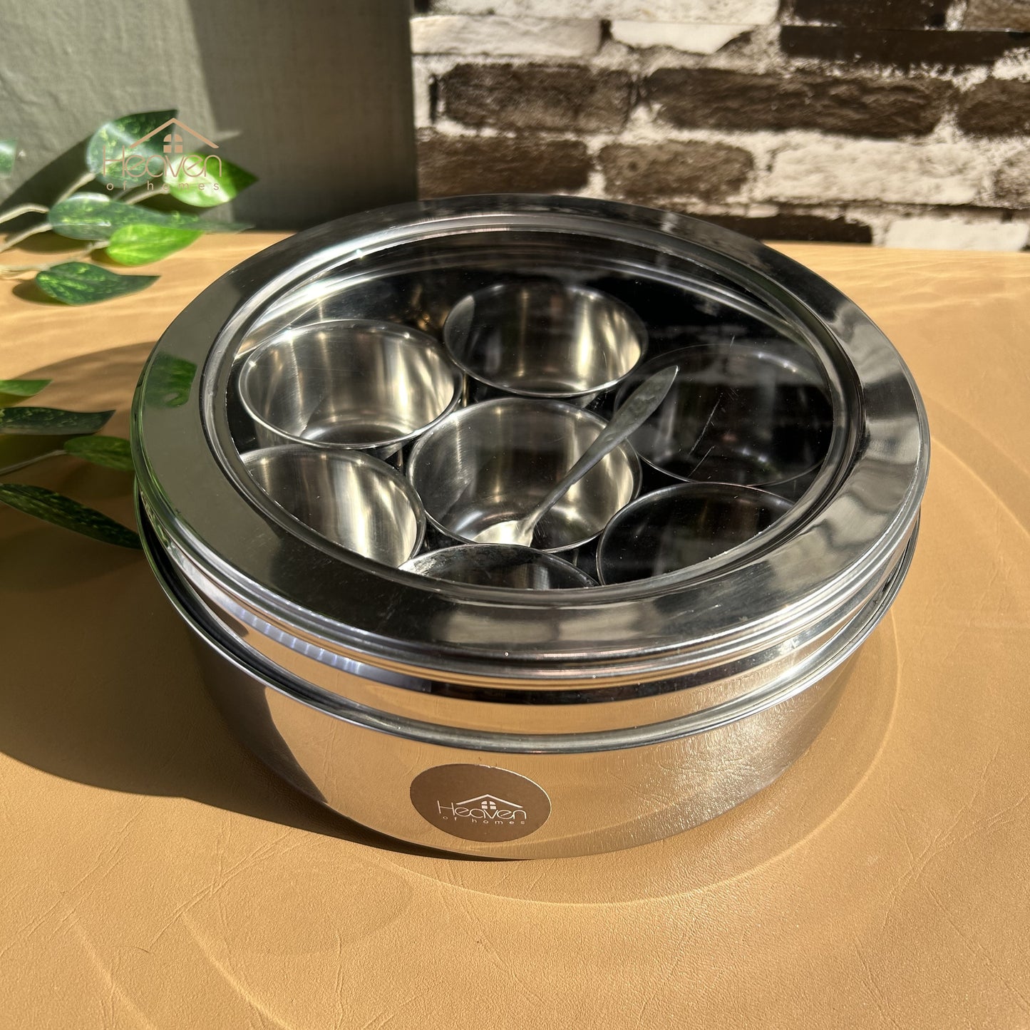Indian Style Masala Spice Box - Stainless Steel with 7 Containers & Clear Lid - Heaven of homes - Sale Pakistan