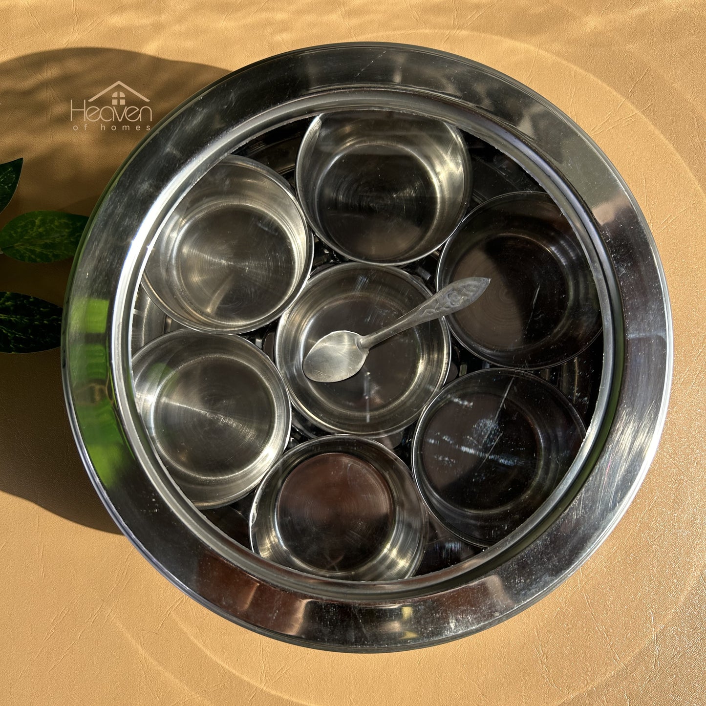 Indian Style Masala Spice Box - Stainless Steel with 7 Containers & Clear Lid - Heaven of homes - Sale Pakistan