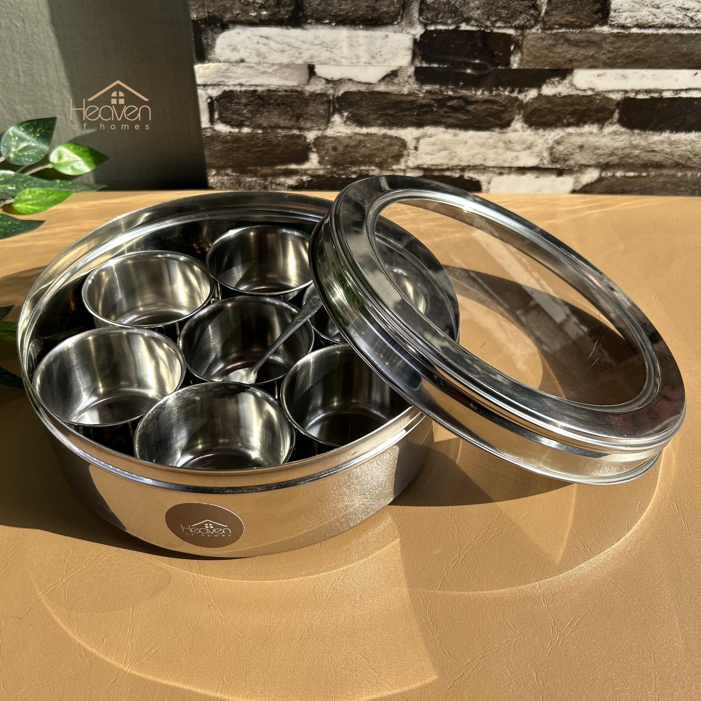 Indian Style Masala Spice Box - Stainless Steel with 7 Containers & Clear Lid - Heaven of homes - Sale Pakistan