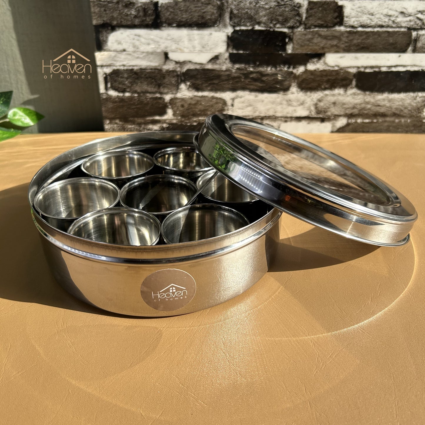 Indian Style Masala Spice Box - Stainless Steel with 7 Containers & Clear Lid - Heaven of homes - Sale Pakistan