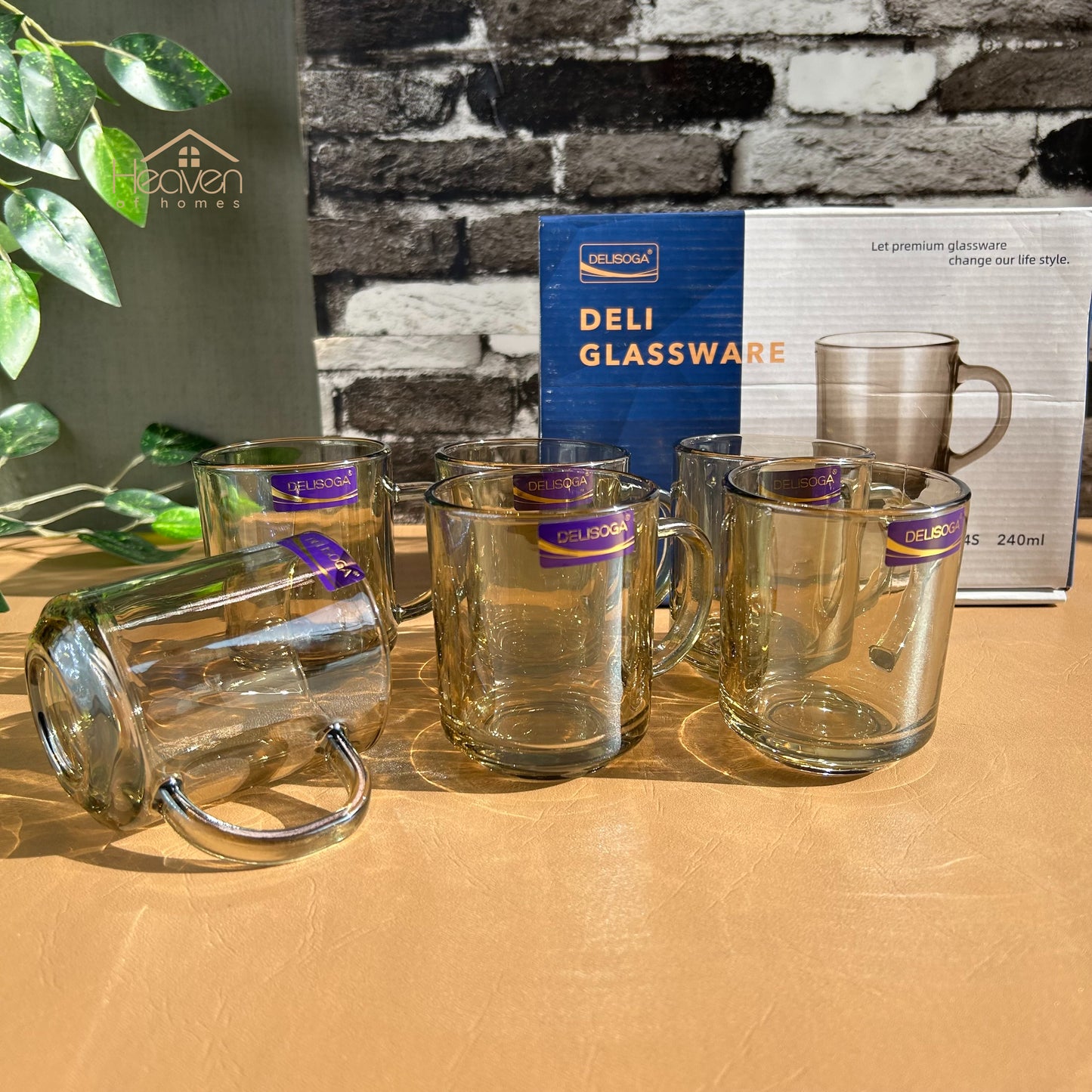 Delisoga® Elegant Set of 6 Clear Glass Coffee & Tea Mugs – 240ml Transparent Cups Brown - Heaven of homes - Sale Pakistan