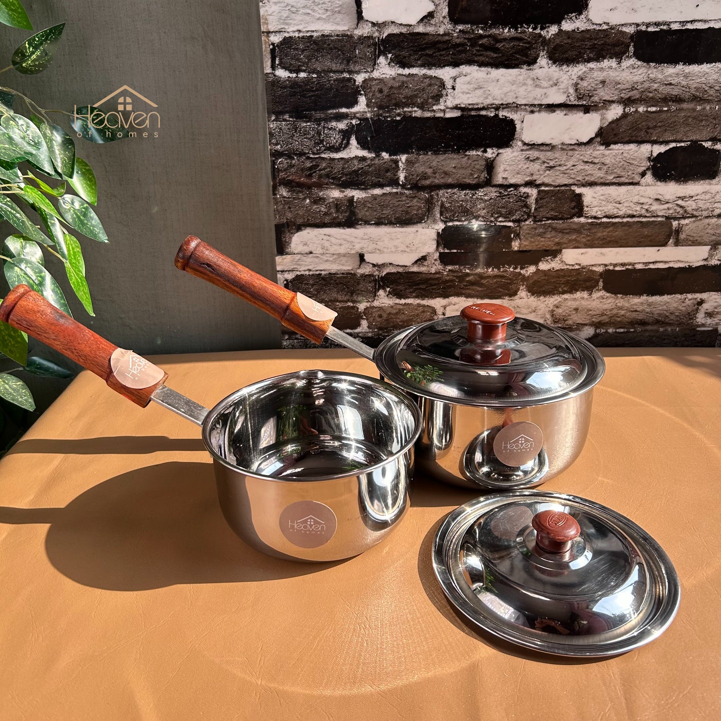 Heavy-Gauge Stainless Steel Sauce Pan with Wooden Handle - Heaven of homes - Sale Pakistan