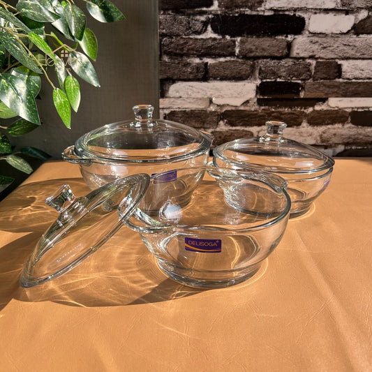 Delisoga®  Set of 3 Round Tempered Glass Bakeware Bowl with Cover Transparent Food Storage - Heaven of homes - Sale Pakistan