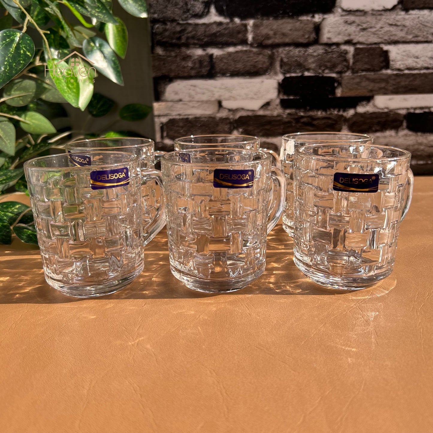 Delisoga® Transparent Clear Glass Cofee & Tea Mugs 240 ML Set of 6 Brick Style - Heaven of homes - Sale Pakistan
