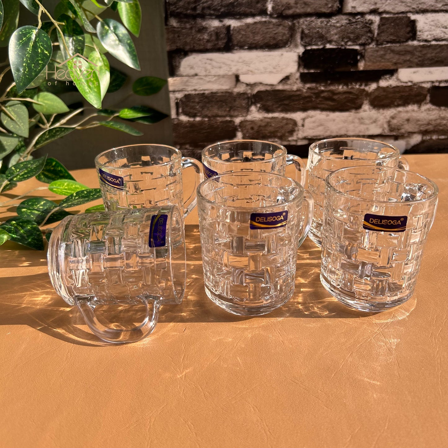 Delisoga® Transparent Clear Glass Cofee & Tea Mugs 240 ML Set of 6 Brick Style - Heaven of homes - Sale Pakistan