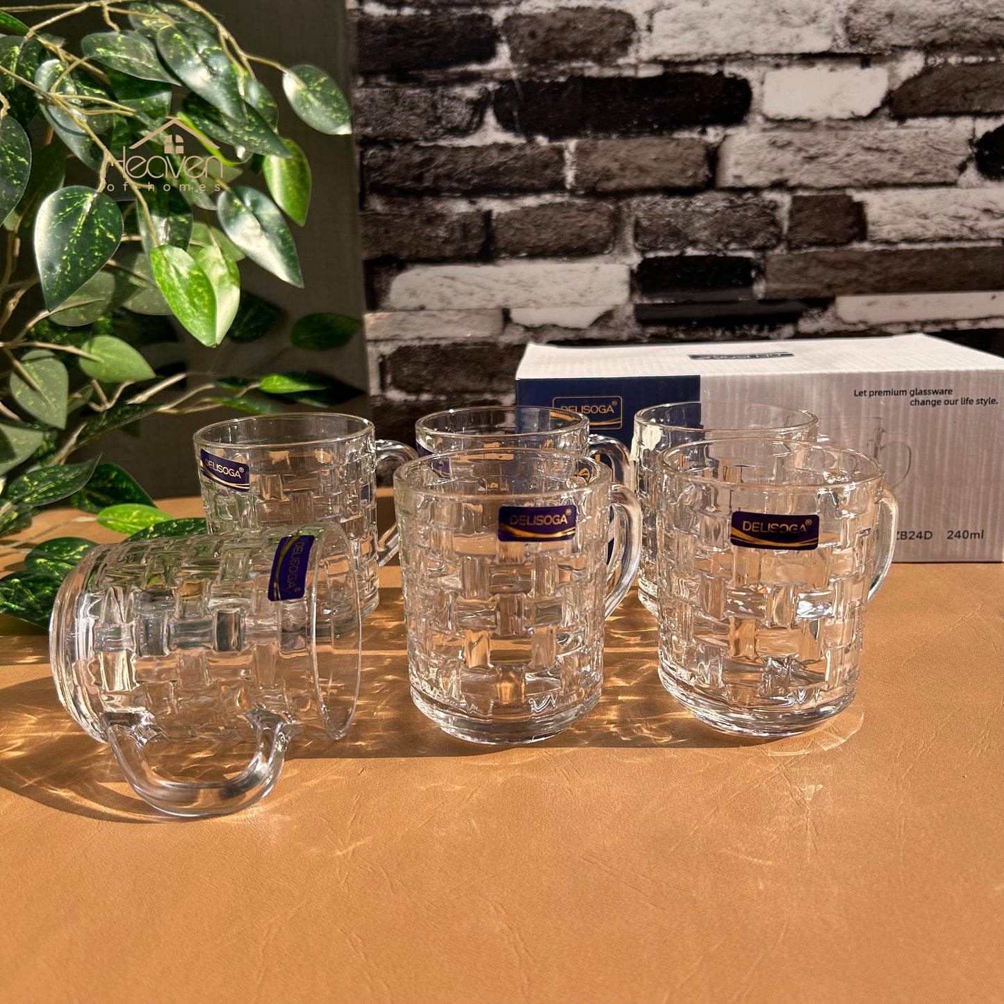 Delisoga® Transparent Clear Glass Cofee & Tea Mugs 240 ML Set of 6 Brick Style - Heaven of homes - Sale Pakistan