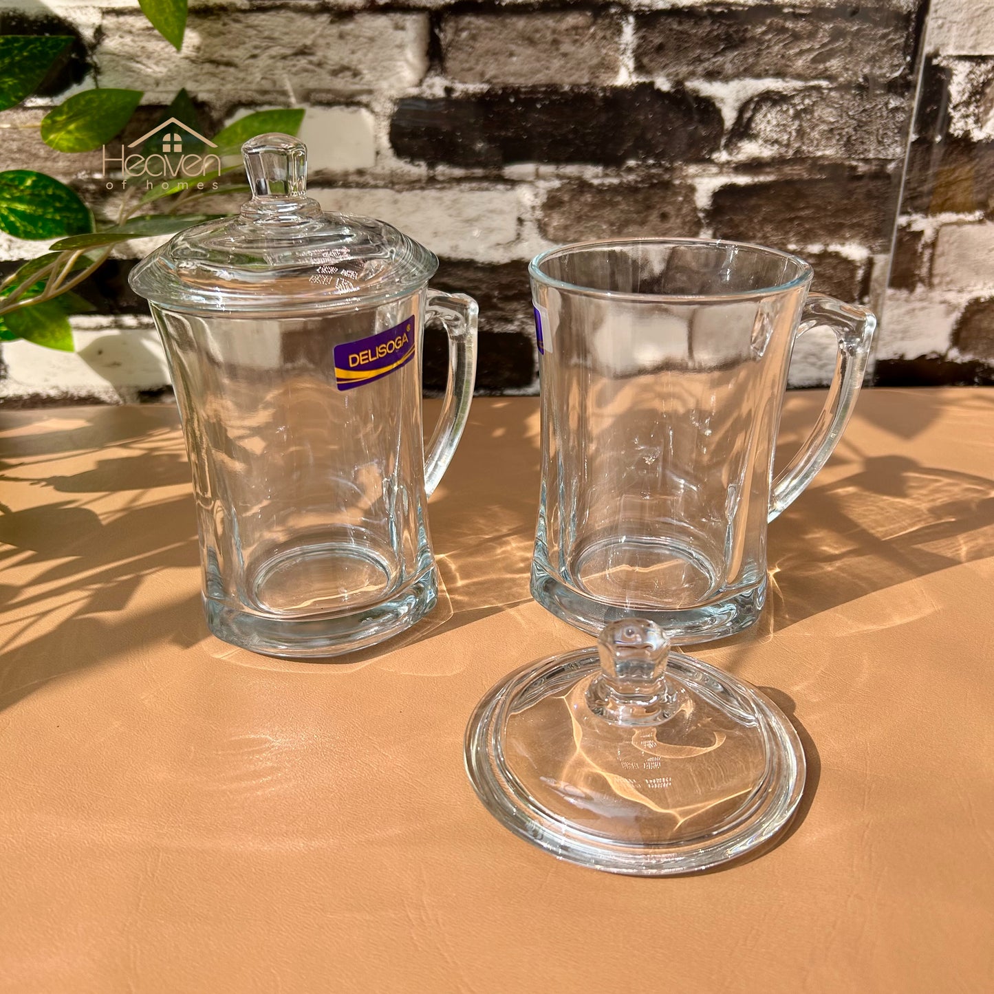 Delisoga® Set of 2 Transparent Coffee Mug with Glass Lid - Premium Glassware Long - Heaven of homes - Sale Pakistan