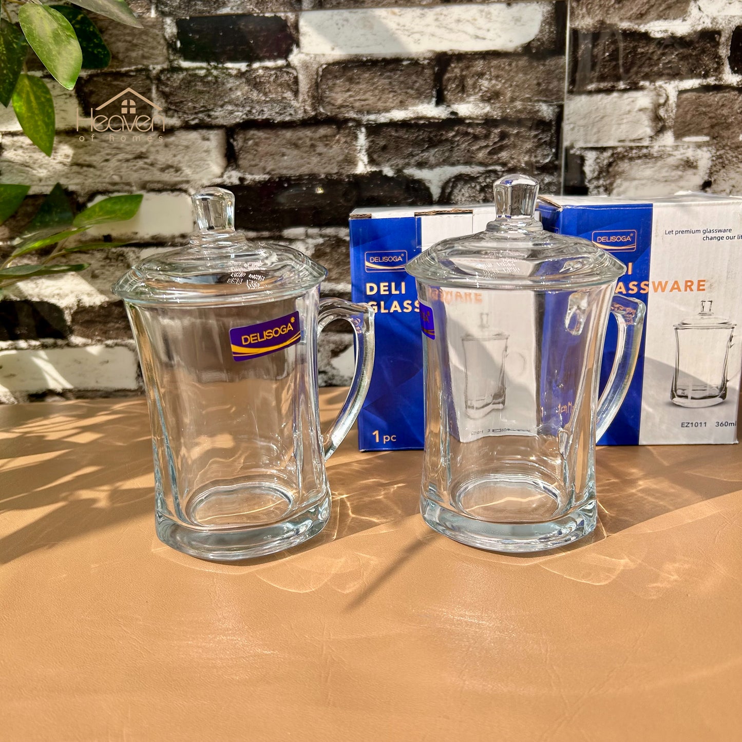Delisoga® Set of 2 Transparent Coffee Mug with Glass Lid - Premium Glassware Long - Heaven of homes - Sale Pakistan