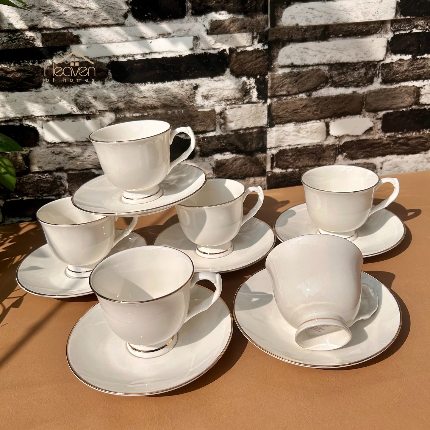 Bone China Cup and Saucer Set of 6 – Weightless Perfection with Golden Rim 001 - Heaven of homes - Sale Pakistan