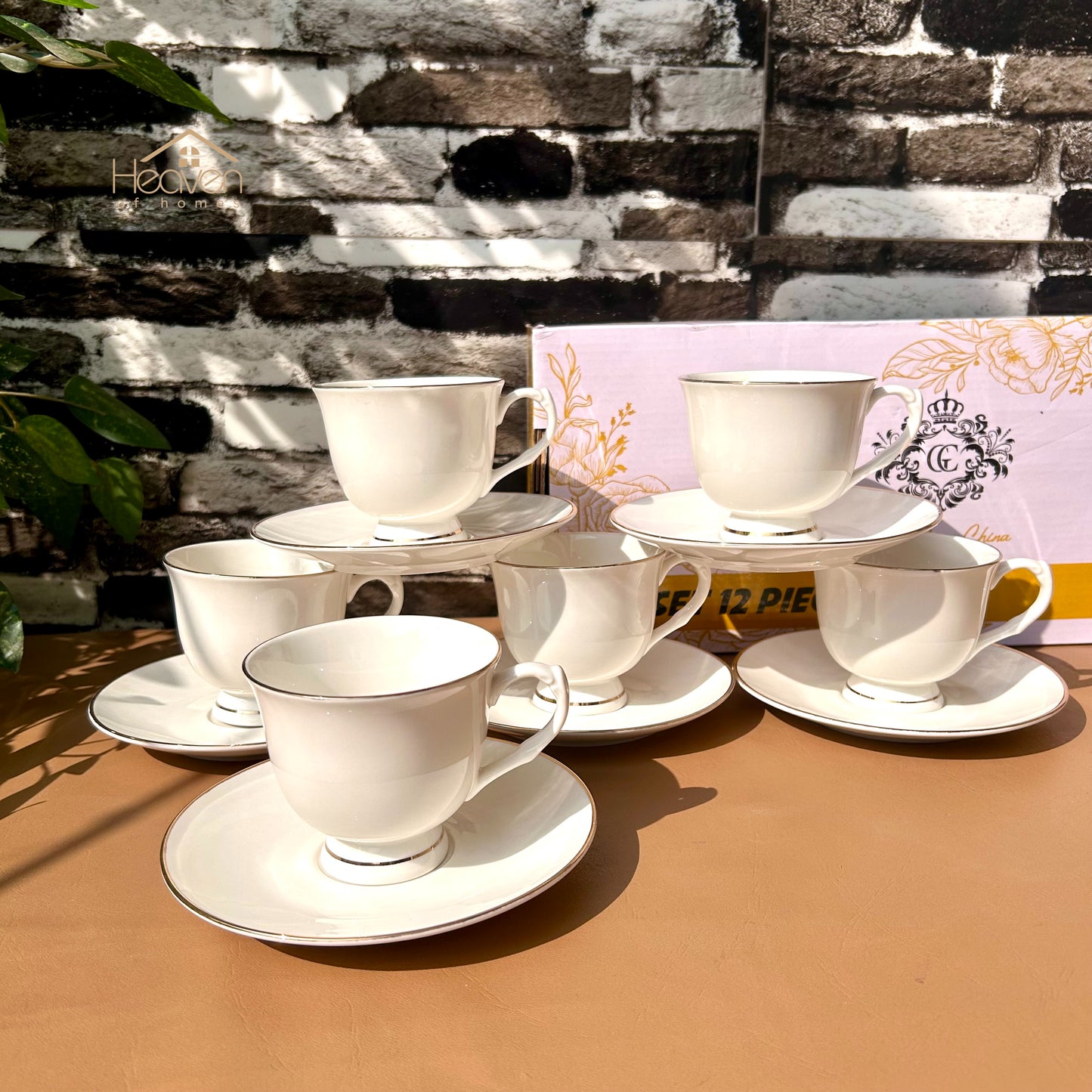 Bone China Cup and Saucer Set of 6 – Weightless Perfection with Golden Rim 001 - Heaven of homes - Sale Pakistan