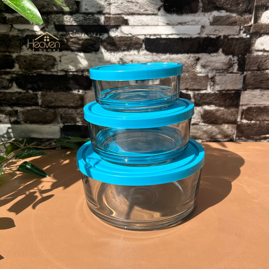 Set of 3 Blue Lid Glass Bowl Set Fresh Bowls Storage Bowl Set of 3 Transparent Glass With Lid - Heaven of homes - Sale Pakistan