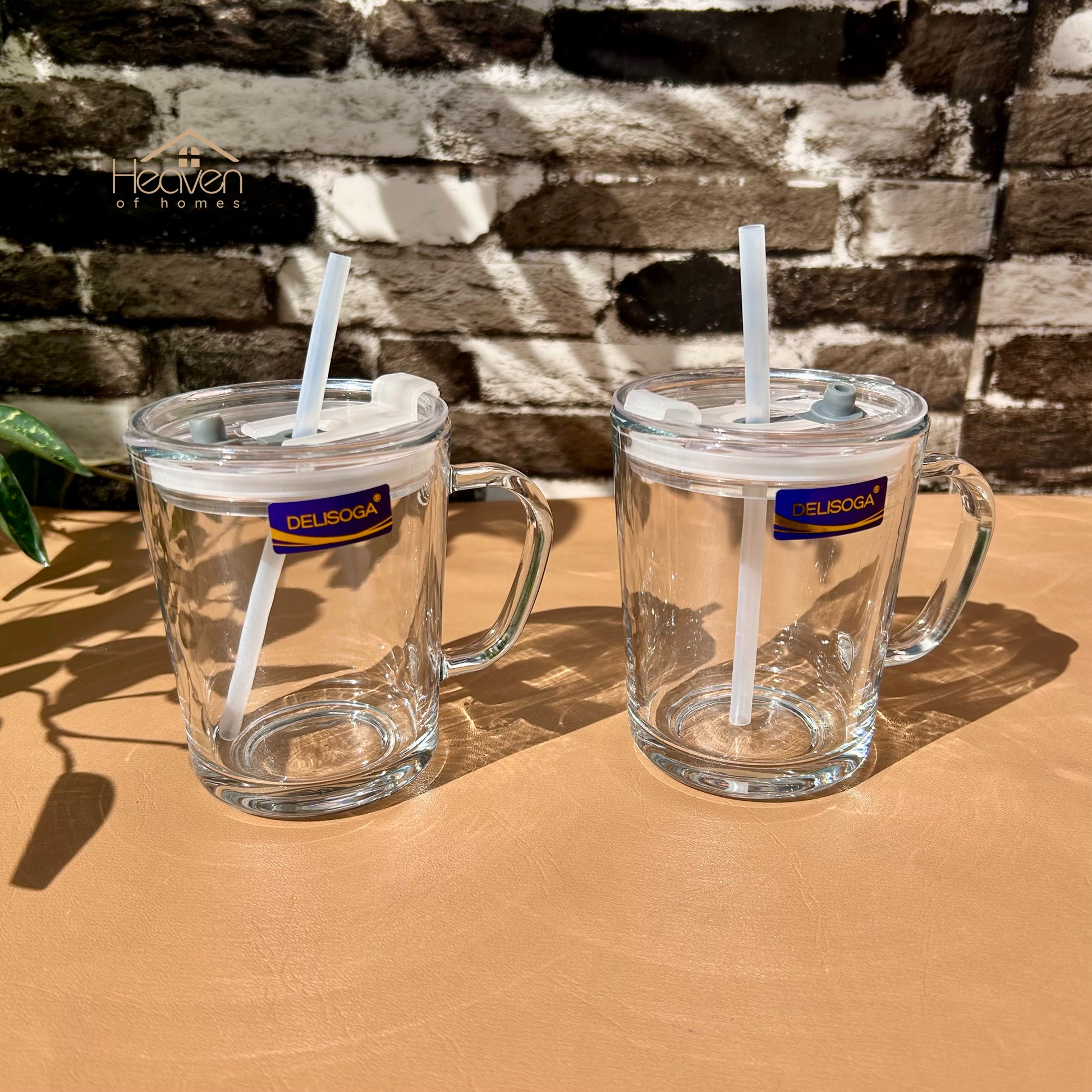 Delisoga® Set of 2 Transparent Coffee Mugs with Straw -Premium Mason Jar 400 ML - Heaven of homes - Sale Pakistan