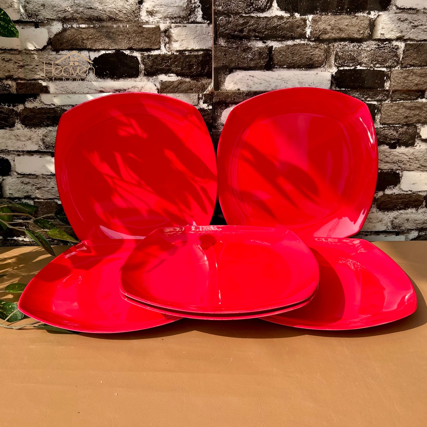 Set of 6 Melamine Plates Double-Glaze– Stain-Proof, Heavyweight, Durable Design Dinner Set Solid Red - Heaven of homes - Sale Pakistan