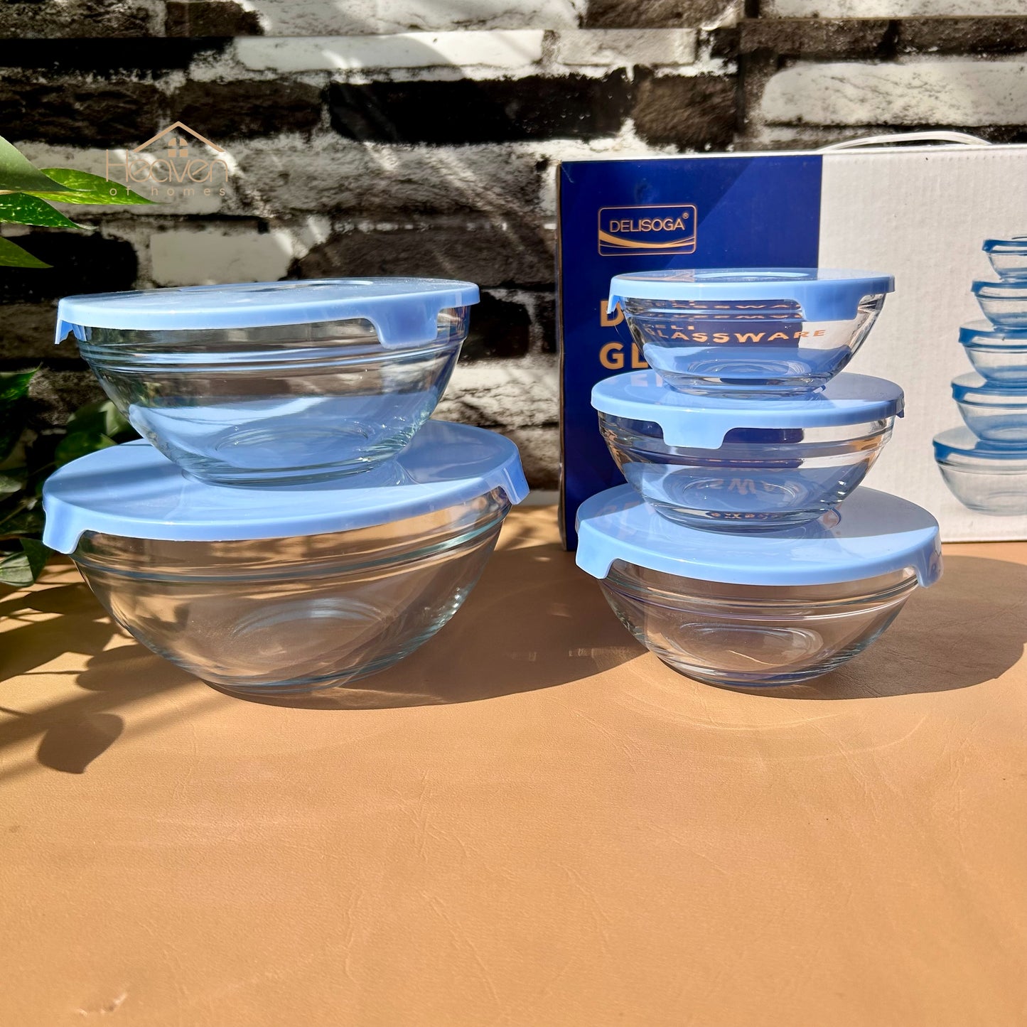 Delisoga® 5-Piece Fresh Bowl Set with Blue Lids | Durable Glass Food Storage Containers - Heaven of homes - Sale Pakistan
