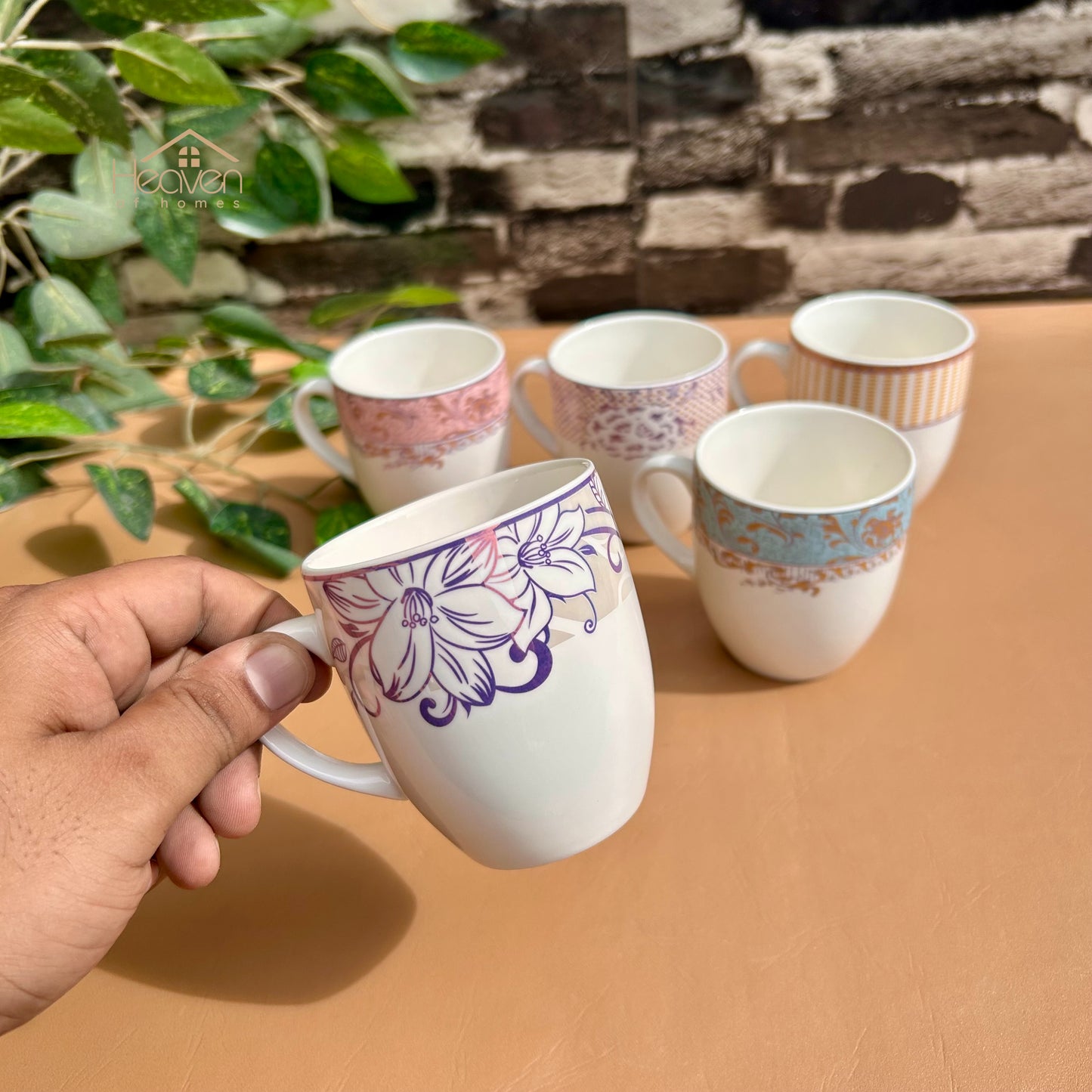 Heaven® Set of 6 Designer Printed Bone China Tea & Coffee Cups – 205 ml Lightweight & Elegant