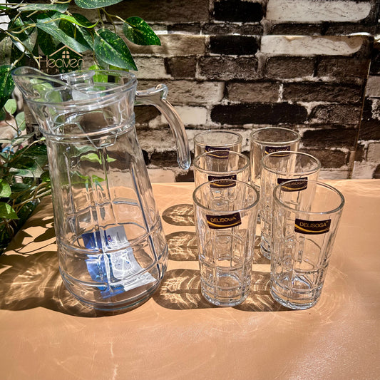 Delisoga® 7-Piece Long Glass Water & Drink Serving Set 6 Glasses & 1 Jug - Heaven of homes - Sale Pakistan