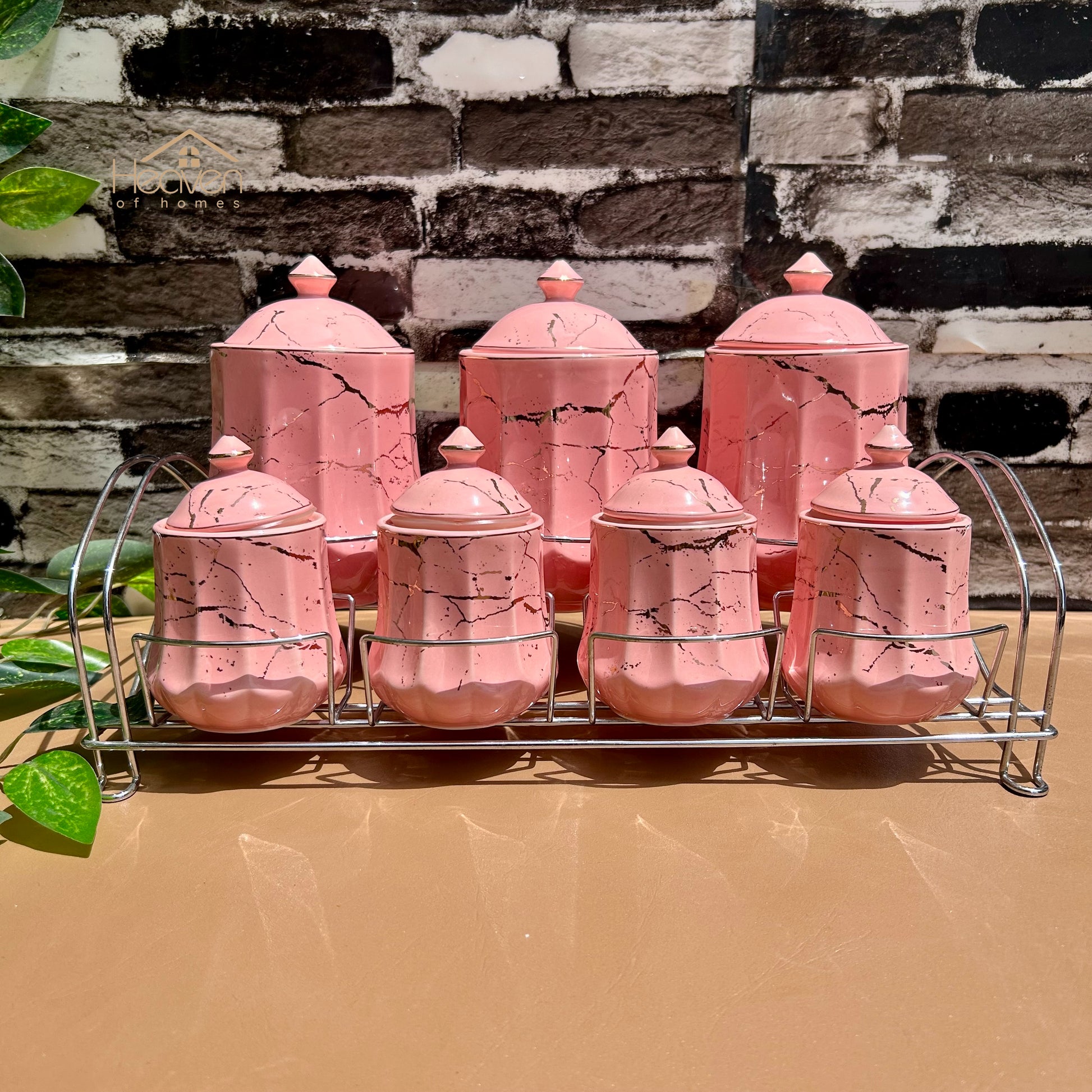 Heaven® 7-Piece Ceramic Spice Jar Set with Airtight Lids & Elegant Metallic Stand – Keep Spices Fresh Longer - Heaven of homes - Sale Pakistan