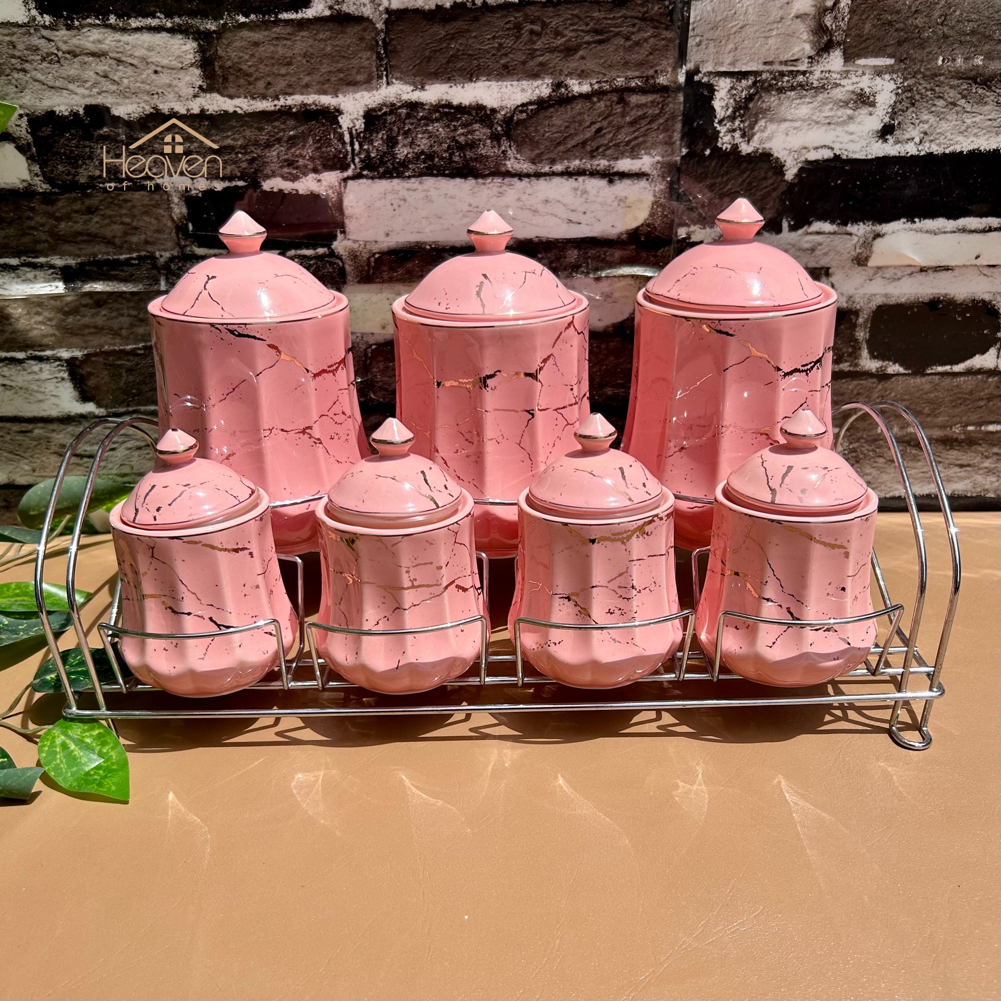 Heaven® 7-Piece Ceramic Spice Jar Set with Airtight Lids & Elegant Metallic Stand – Keep Spices Fresh Longer - Heaven of homes - Sale Pakistan