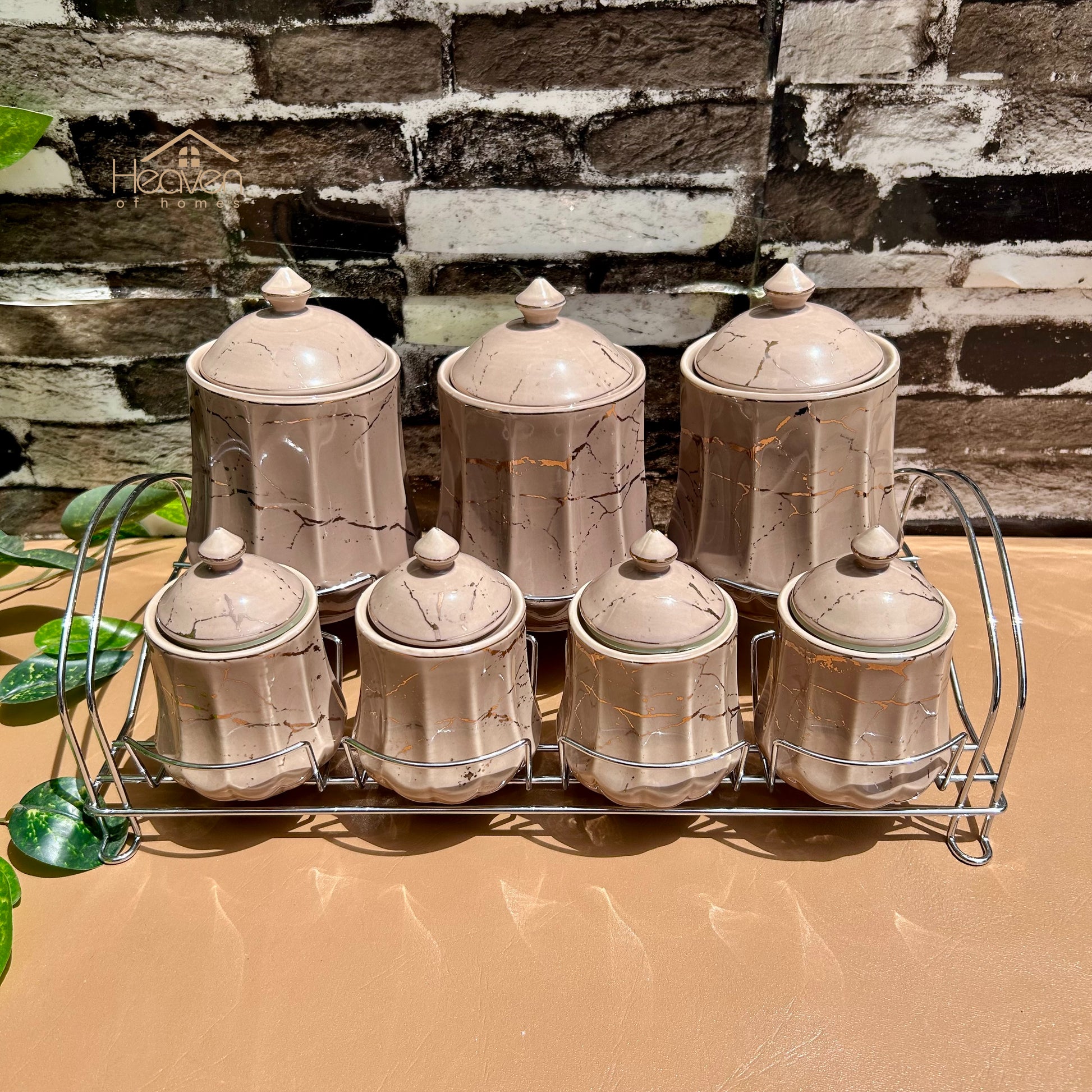 Heaven® 7-Piece Ceramic Spice Jar Set with Airtight Lids & Elegant Metallic Stand – Keep Spices Fresh Longer - Heaven of homes - Sale Pakistan