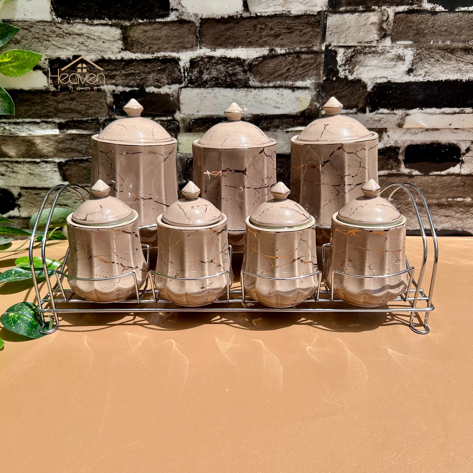 Heaven® 7-Piece Ceramic Spice Jar Set with Airtight Lids & Elegant Metallic Stand – Keep Spices Fresh Longer - Heaven of homes - Sale Pakistan