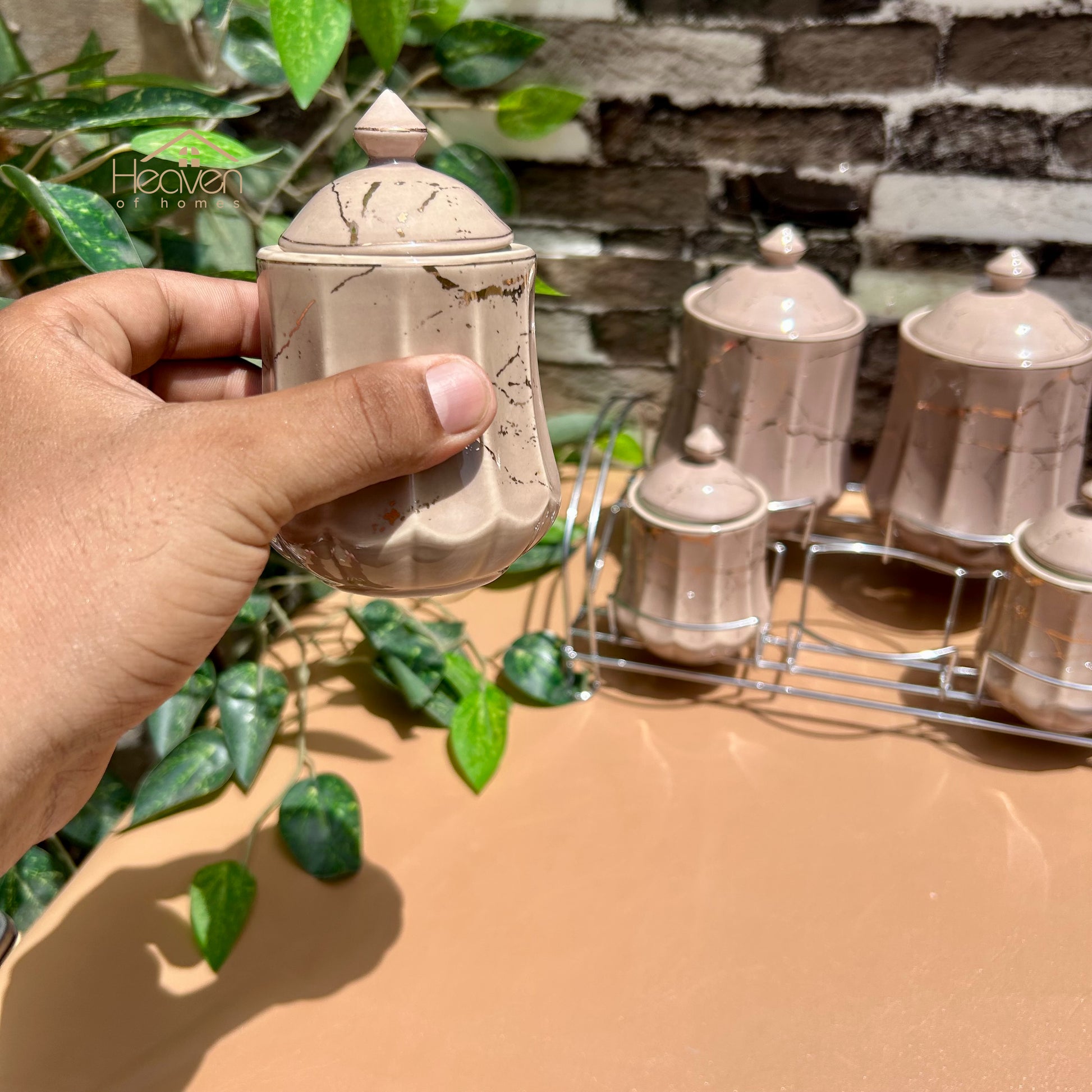 Heaven® 7-Piece Ceramic Spice Jar Set with Airtight Lids & Elegant Metallic Stand – Keep Spices Fresh Longer - Heaven of homes - Sale Pakistan