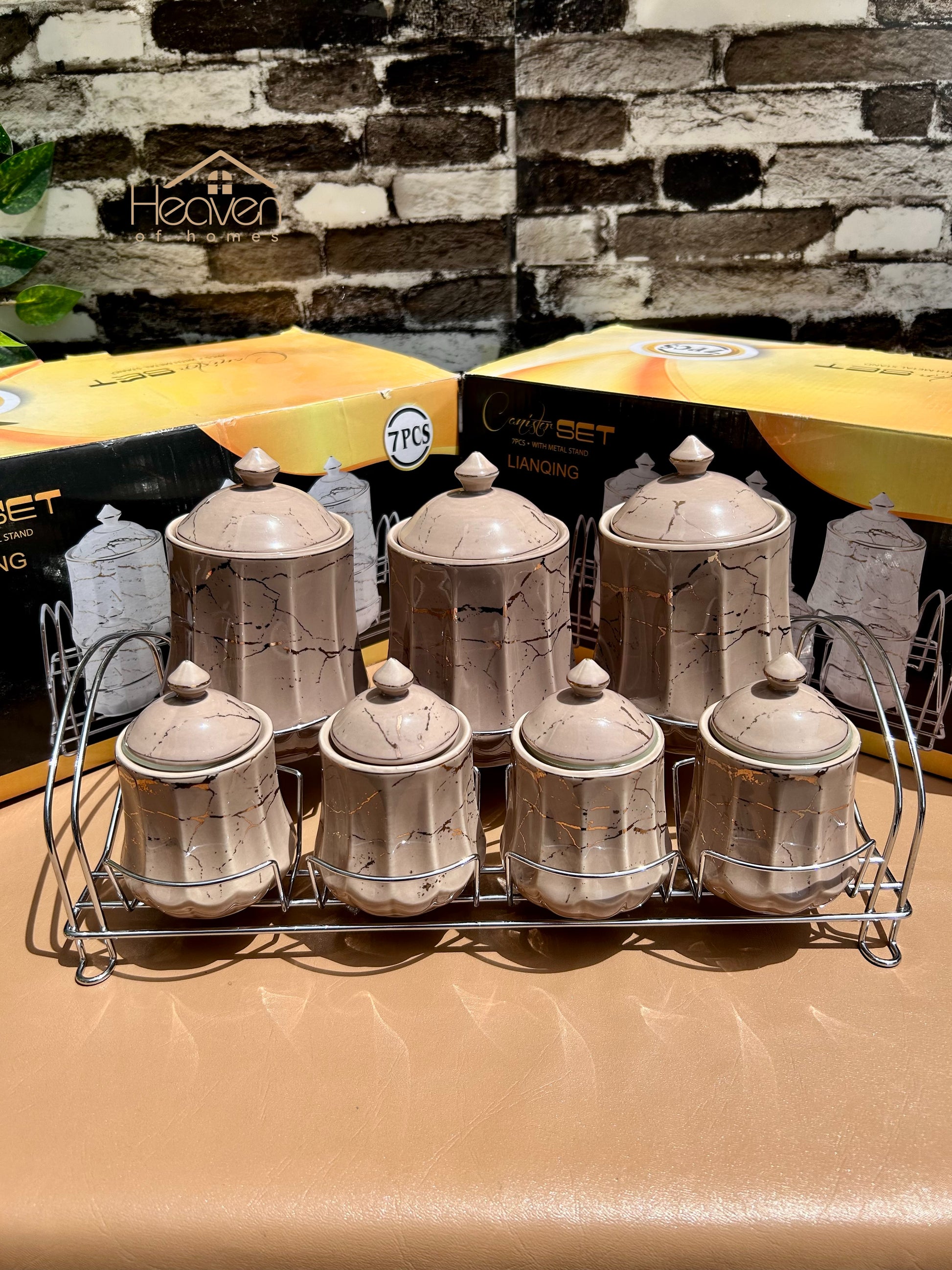 Heaven® 7-Piece Ceramic Spice Jar Set with Airtight Lids & Elegant Metallic Stand – Keep Spices Fresh Longer - Heaven of homes - Sale Pakistan