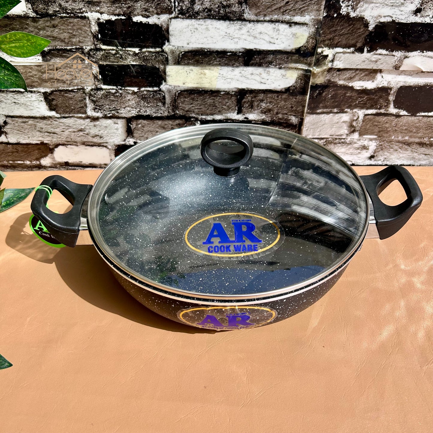 AR Non-Stick Karahi – Marble Coating Cooking Wok with Tempered Glass Lid