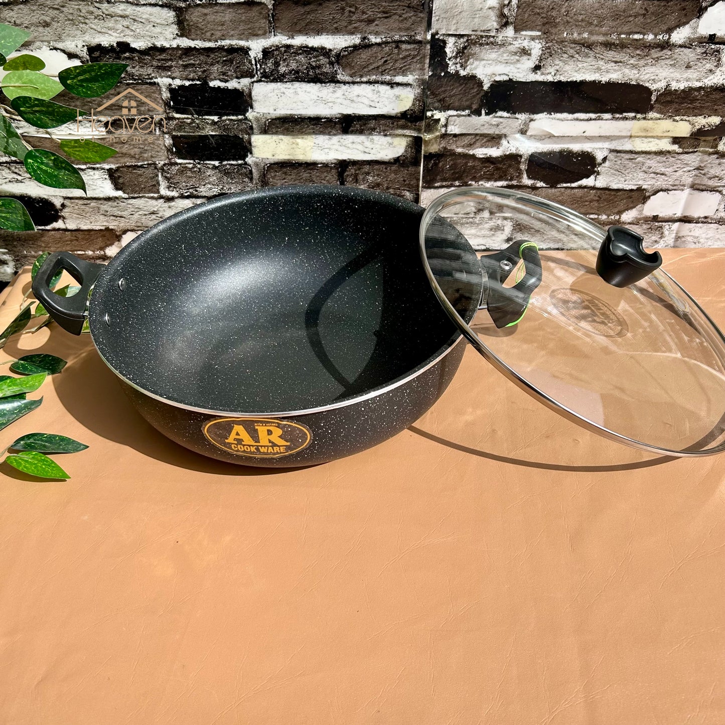 AR Non-Stick Karahi – Marble Coating Cooking Wok with Tempered Glass Lid