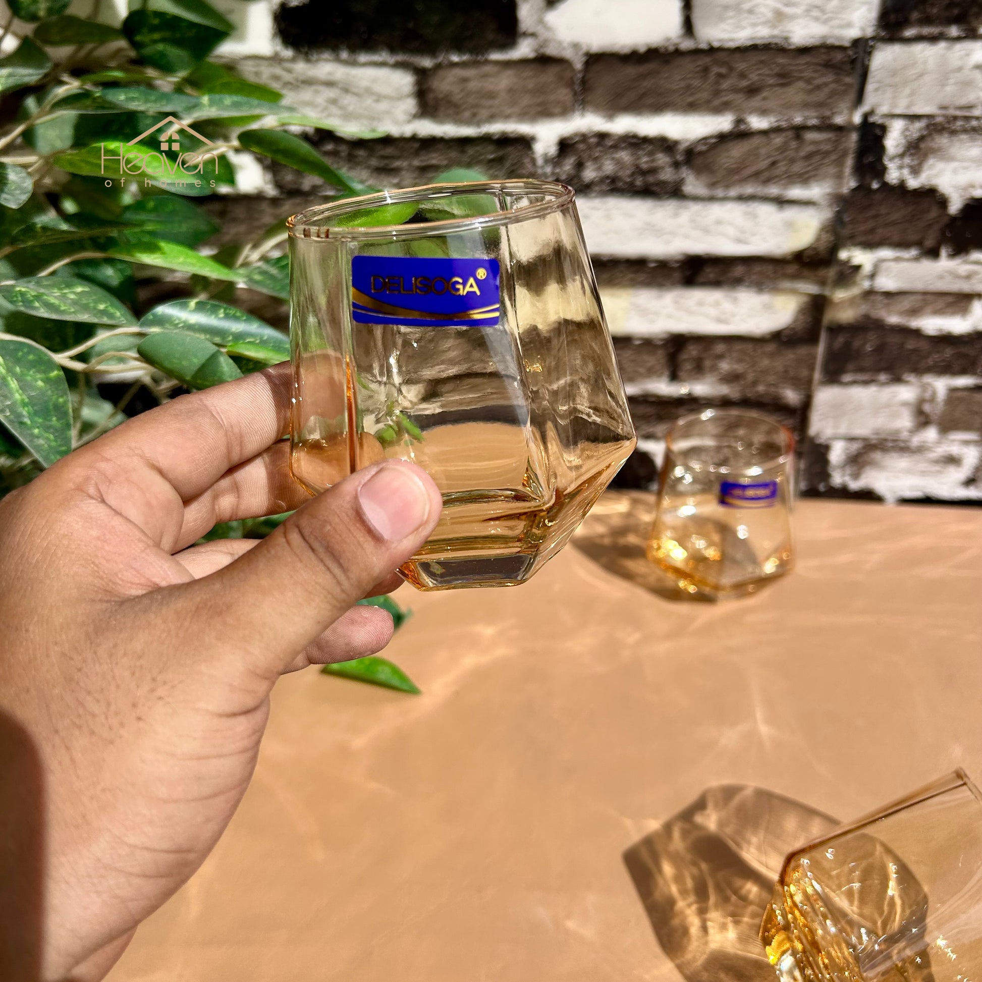 Delisoga® 7-Piece Golden-Accent Water Set – 340ml Clear Transparent Diamond-Shaped Glassware - Heaven of homes - Sale Pakistan