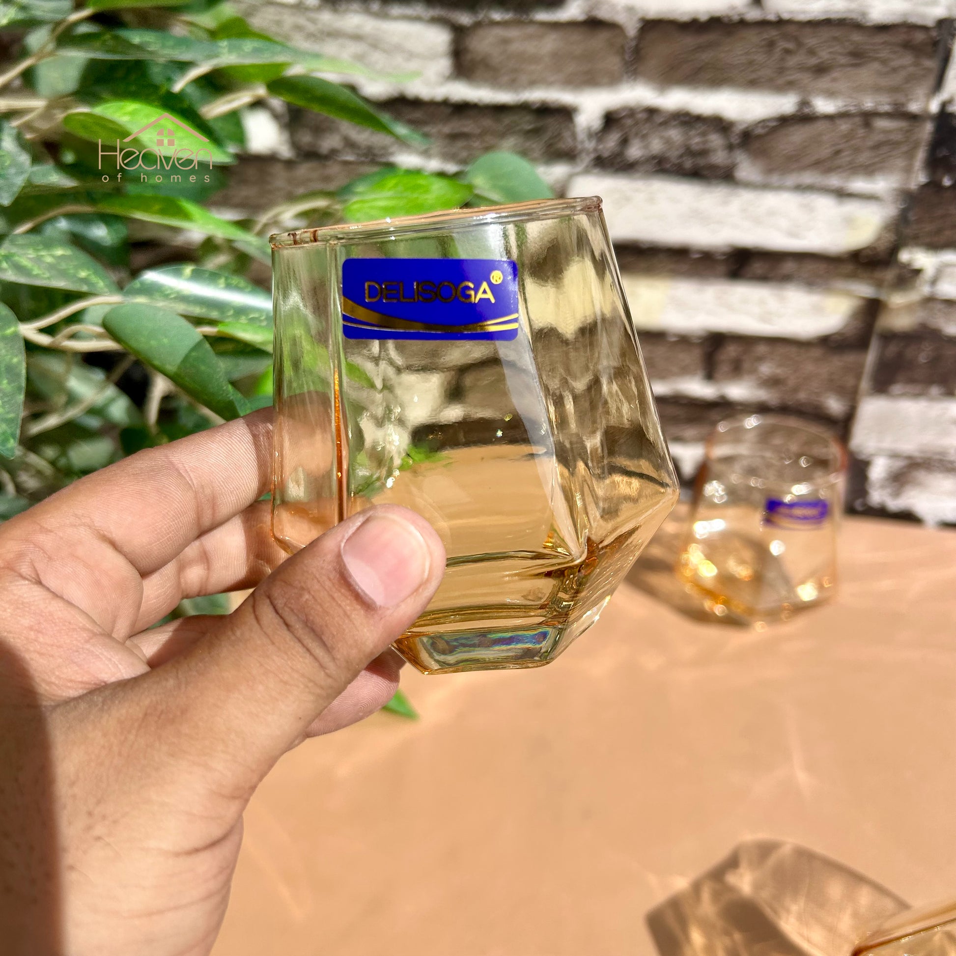 Delisoga® 7-Piece Golden-Accent Water Set – 340ml Clear Transparent Diamond-Shaped Glassware - Heaven of homes - Sale Pakistan