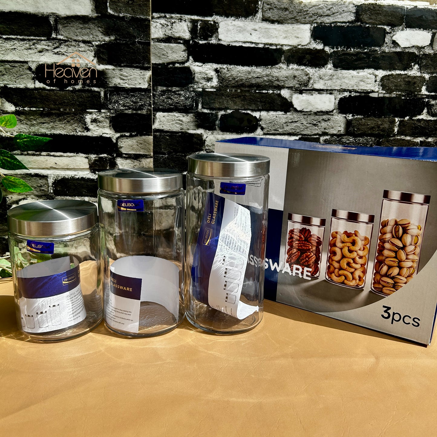 Delisoga® 3-Piece Glass Jar Set with Steel Lids – Airtight Storage Containers for Kitchen & Home