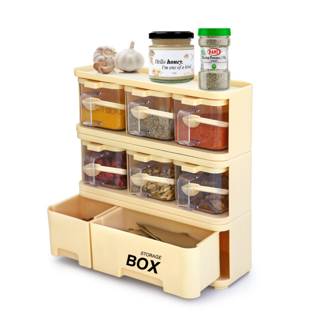 6-in-1 Spice Rack Organizer with Storage Boxes – Compact Countertop Seasoning Holder for Kitchen