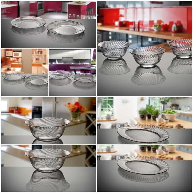 HOH 28 Pieces Royal Dinner Set Rice Plates Soup Plates Quarter Plates Fruit Bowls Rice Dishes Serving Bowl All in 1 Complete Dinner Set Glass Material Imported - Heaven of homes
