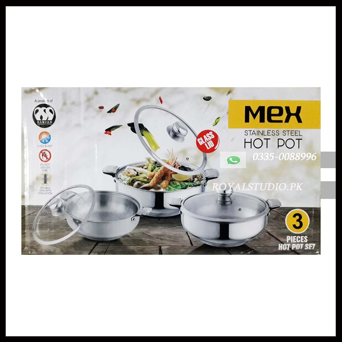 Mex Stainless Steel Hotpot Set – 3 Pieces with Glass Lid & Locking System - Heaven of homes - Sale Pakistan