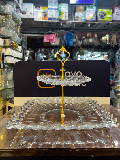 New Arrival Imperial Glass Crystal Pastry Stand With Metallic Rod 2 Tier Cake Stand Gift Item Glass Material Classy