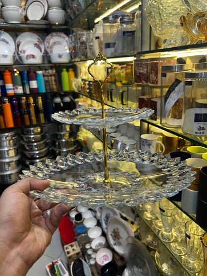 Heaven® Glass Crystal Pastry Stand With Metallic Rod 2 Tier Cake Stand Gift Item Glass Material Classy