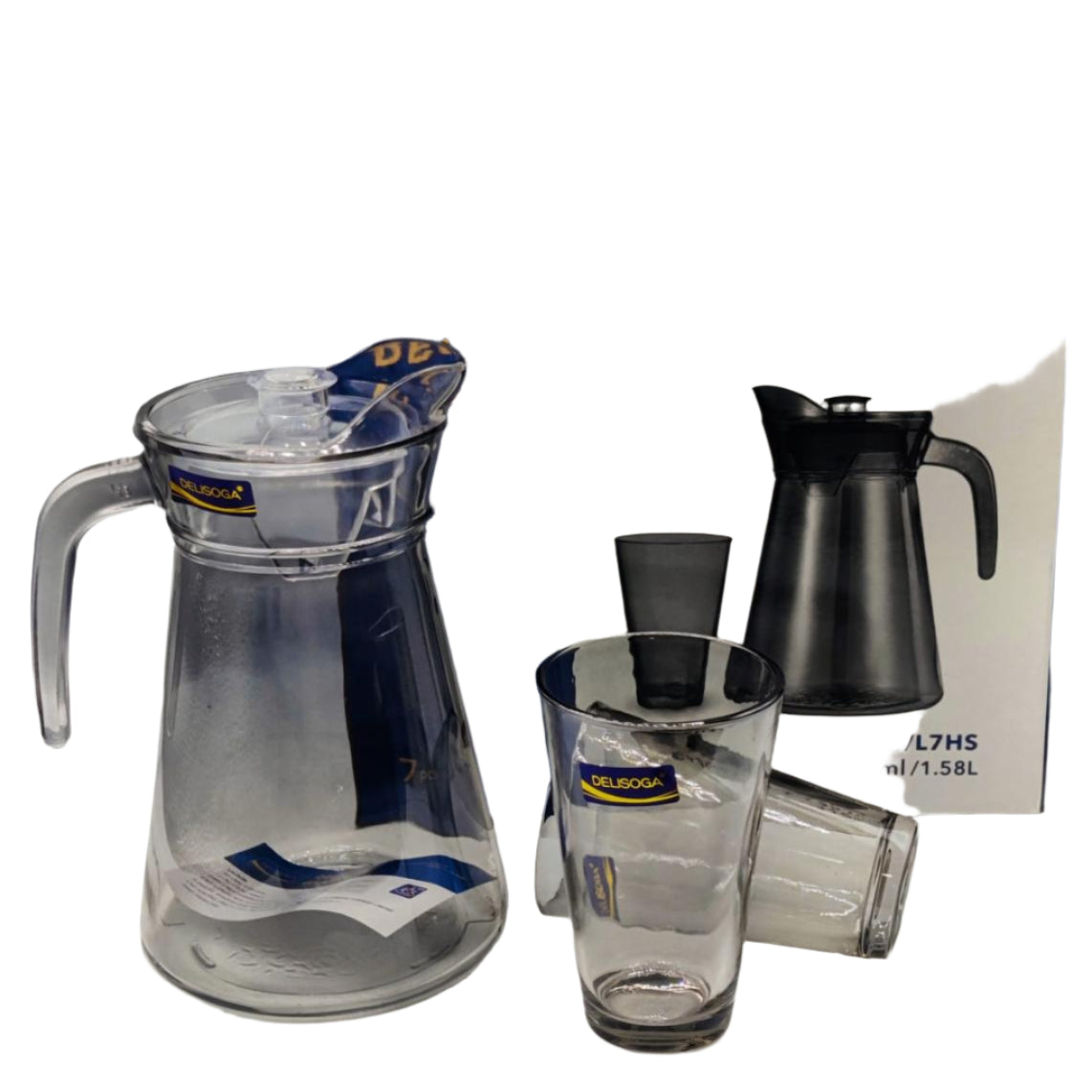 Delisoga® 7-Piece Coloured Glass Water Set – 315ml Clear Transparent Carafe with Matching Tumblers - Heaven of homes - Sale Pakistan