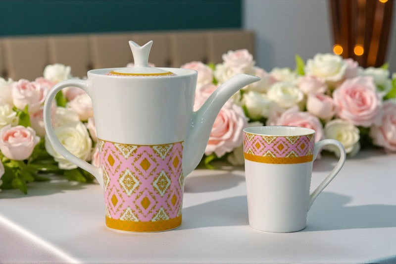Heaven® 7-Pieces Bone China Ceramic Coffee Mug Set with Kettle – Elegant Tea & Coffee Set