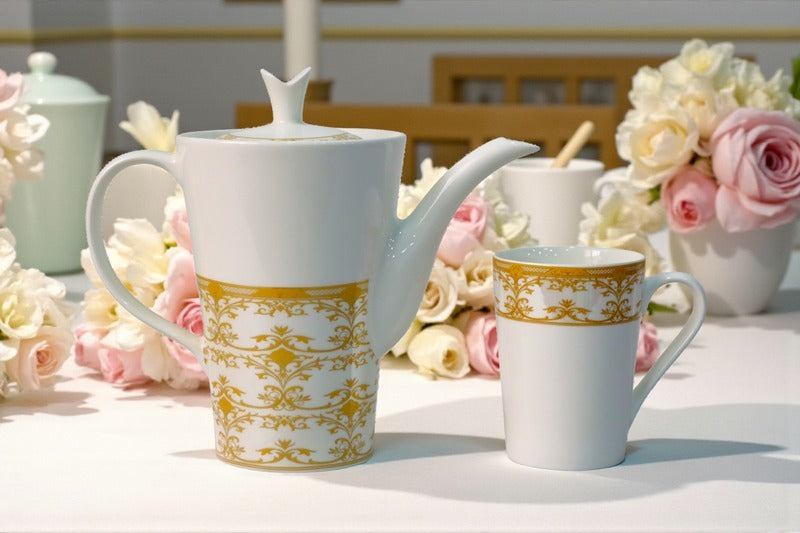 Heaven® 7-Pieces Bone China Ceramic Coffee Mug Set with Kettle – Elegant Tea & Coffee Set