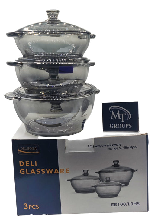 Delisoga® 3-Piece Smoke Grey Round Tempered Glass Bakeware Bowl Set with Lids Food Storage Containers - EB100/L3HS