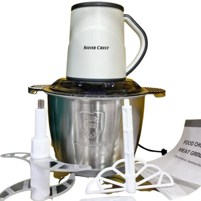 Silvercrest Electric Food Chopper 3 Litre Stainless Steel Bowl – Heavy Duty Meat Grinder & Vegetable Cutter, White Multi-Purpose Kitchen Chopper