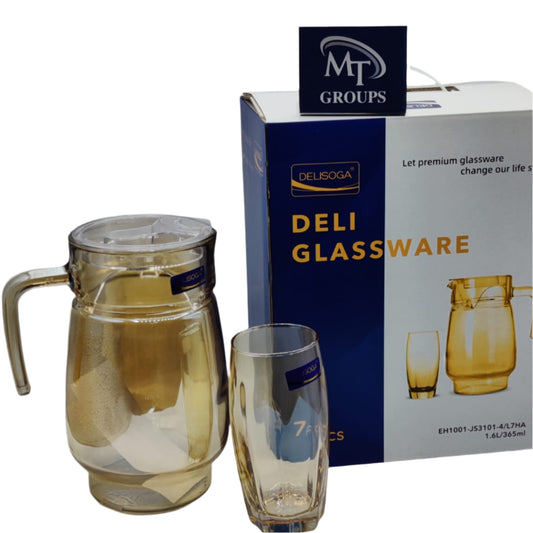 Delisoga® 7-Piece Clear Glass Water Set – Round 365ml Tumblers & Carafe with Gold Shade - Heaven of homes - Sale Pakistan