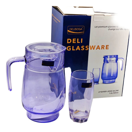 Delisoga® Premium 7-Piece 365ml Glass Water & Drinkware Set – 1 Jug + 6 Matching Glasses Purple - Heaven of homes - Sale Pakistan