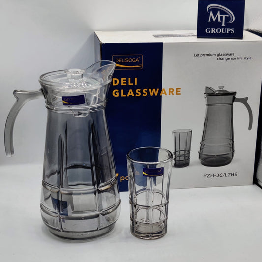 Delisoga® 7-Piece Checkered Design Glass Water Set – Clear Transparent Smoke Grey - Heaven of homes - Sale Pakistan